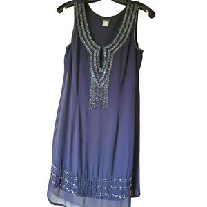 Venus‎ Womens Blue Beaded Shift Dress Size 6 Sleeveless Knee Length Evening